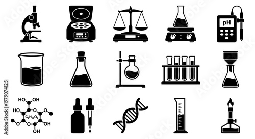 Science laboratory equipment icons set, 15 black chemistry lab vector symbols, professional research tools and medical glassware illustrations