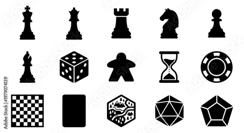 Board game icons set with 15 black vector elements, chess pieces and tabletop gaming symbols, gambling and hobby game night graphics
