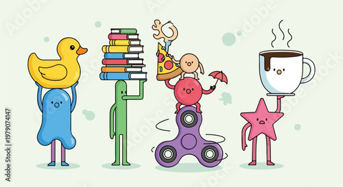 Cartoon characters with party accessories.