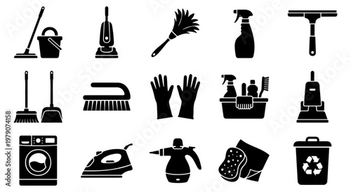 Cleaning service icons set, 15 black silhouette housekeeping symbols, professional janitorial equipment and laundry tools vector collection