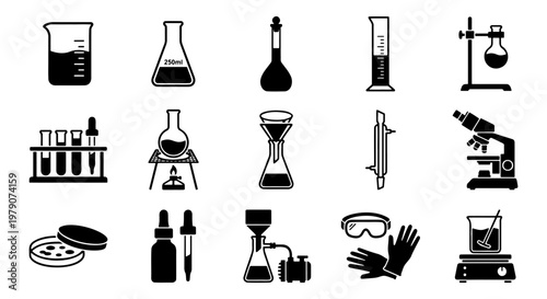 Science laboratory glassware icons, chemistry equipment vector set of 15 elements, black silhouette lab tools for medical research and education