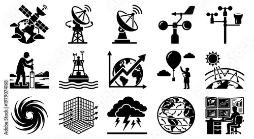 Meteorology and weather forecasting icons set, 15 black vector symbols for climate science, atmospheric monitoring and satellite data analysis
