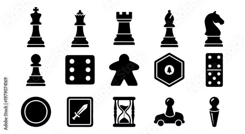 Board game icons set with chess pieces and dice, 15 black gaming elements vector, tabletop hobby symbols for strategy and entertainment