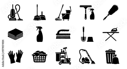 Cleaning service icons set, professional housekeeping equipment collection, 15 black vector silhouettes for janitorial and laundry maintenance