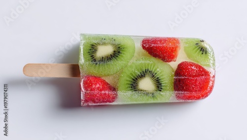 Refreshing fruit ice pop with kiwi slices and strawberries on a stick