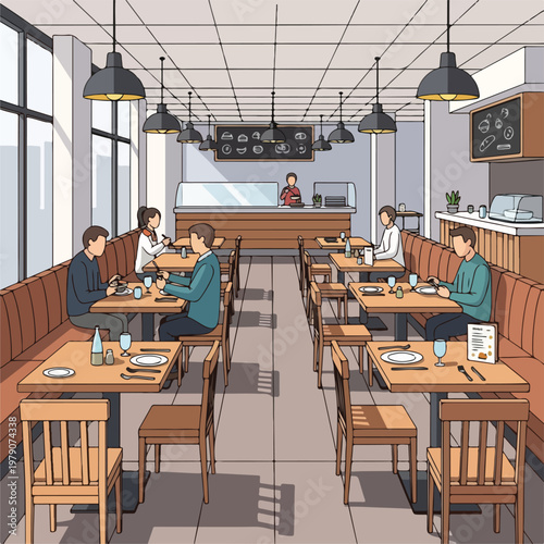 Illustration of a cafe interior with people seated, tables set, and bar area