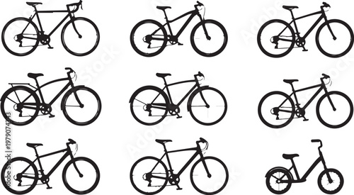 Collection of bicycle silhouettes in various positions and angles