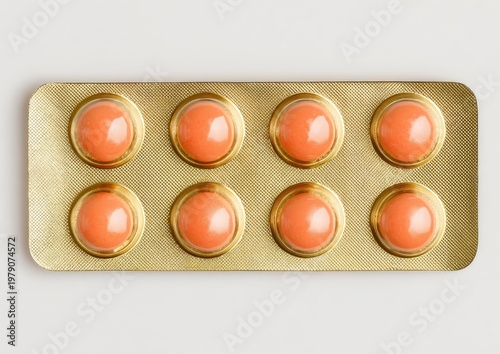 Golden blister pack with eight orange, round pills on white background