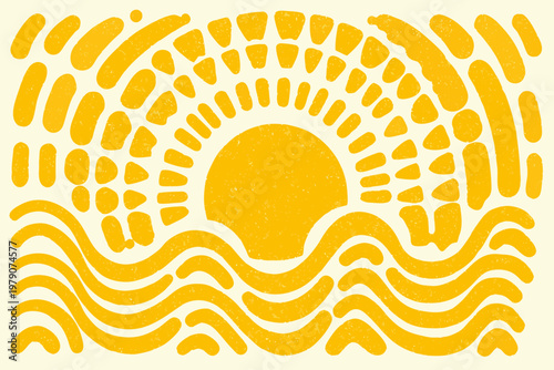 Abstract yellow sun rising over waves simple illustrative style