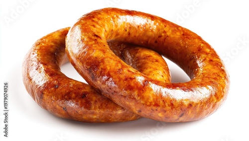 Two golden-brown, grilled sausage rings rest on a white background