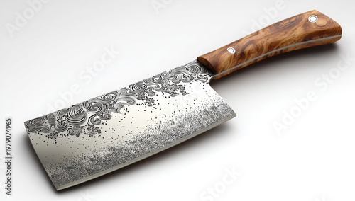 A detailed, ornate cleaver with a Damascus blade and polished wooden handle