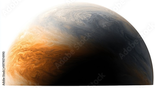 Swirling clouds of orange, white, and dark gray dominate a celestial sphere