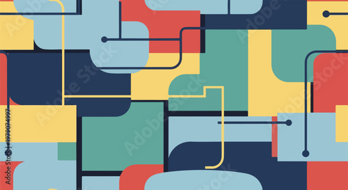 A colorful abstract composition of interconnected shapes and lines