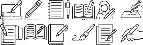 Set of black line depicting writing, note taking, and education activities notebook