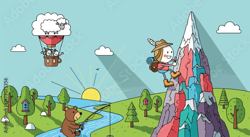 Cartoon girl climbing colorful mountain peak.