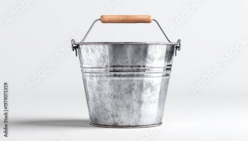 Rustic galvanized metal bucket with wooden handle, isolated on white