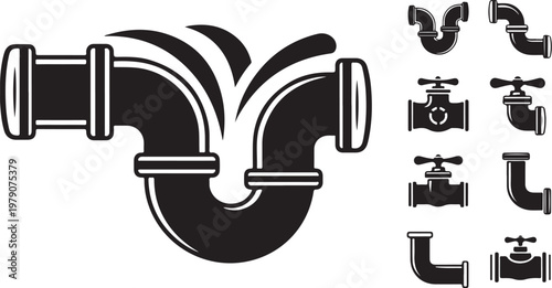 Black and white plumbing pipe and faucet icons set
