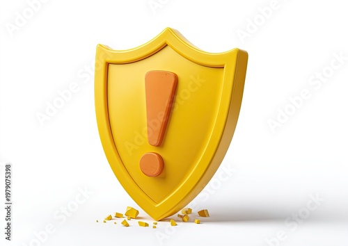 A 3D rendered yellow shield with an orange exclamation mark, signifying protection