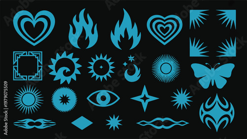A daytime photograph displays various glowing blue symbols on a black background