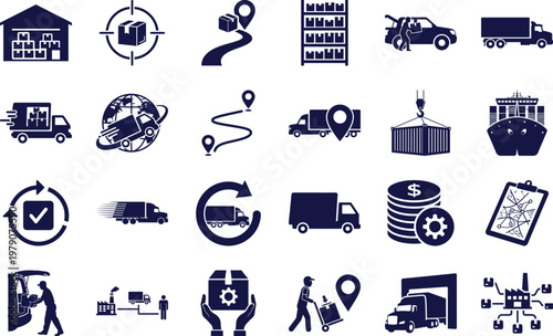 Comprehensive Logistics and Global Supply Chain Management Solid black Silhouette Icons Set for Professional Shipping Delivery Services Warehouse Operations Inventory Tracking