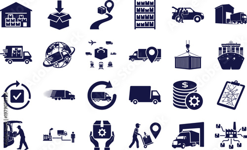 Logistics, Delivery, Transport and supply chain management solid black Silhouette icons set on transparent background