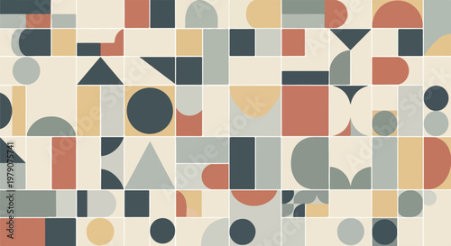 Grid of assorted muted geometric shapes in various colors and sizes