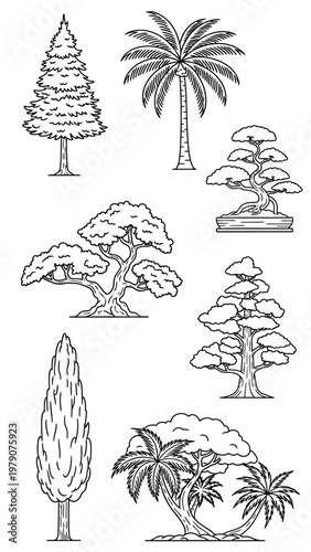 A collection of various tree types in black and white line art illustrations.