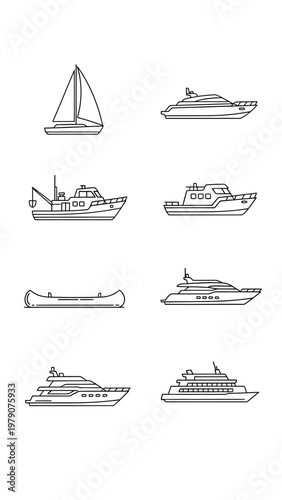 A collection of various boat and ship line art illustrations, including sailboats, yachts, fishing boats, and canoes, depicted in a clean, minimalist style.
