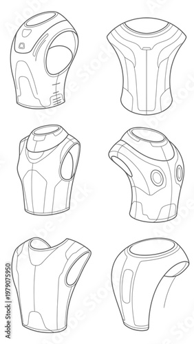 Technical line art drawings showcasing multiple views of a futuristic ergonomic protective vest or torso armor design concept.