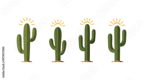 Desert saguaro cacti with sunbursts icon set on white background, simple cartoon vector illustration