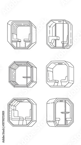 Private Office Pods and Soundproof Meeting Booth Icons. Modular Workspace Solutions for Modern Corporate Interiors and Coworking Spaces. Vector Illustration.