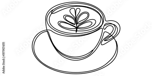 A minimalist single line drawing of a hot coffee cup with latte art on a small matching saucer