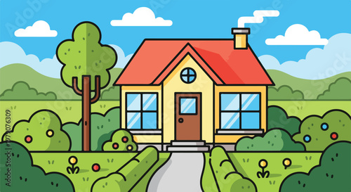 Cartoon House with Red Roof and Garden.