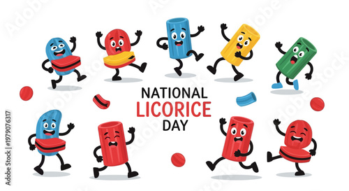 Whimsical cartoon licorice candies celebrate National Licorice Day in a cheerful vector illustration, featuring red and black sweets dancing against a bright white background