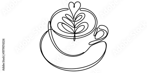 A minimalist single line drawing of a coffee cup featuring intricate latte art with a heart shape