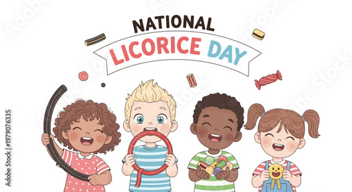 A cheerful illustration celebrates National Licorice Day with four diverse children happily holding black and red chewy licorice candies against a clean white background