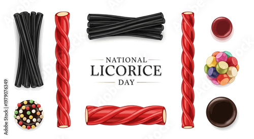 Overhead shot for National Licorice Day featuring bundles of black licorice candy sticks, red licorice twists, and assorted colorful hard candies arranged on a clean white background