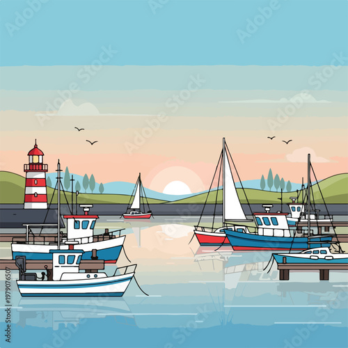 A serene harbor scene with boats, lighthouse, and sunset