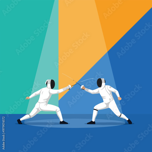 Two fencing athletes in white attire duel with swords on a colorful background