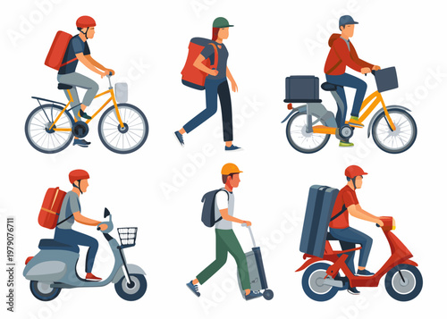 Delivery people using various transportation methods bikes scooters and walking