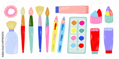 Colorful collection of artistic tools including brushes paints and pencils