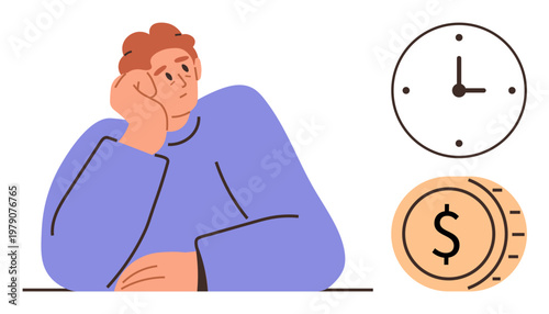 Time management, financial planning, decision-making, productivity, business strategy, work-life balance. A man resting his head on his hand, with a clock and coin icon nearby. Time management