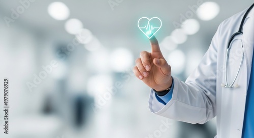 Doctor interacting with holographic heartbeat display in a modern hospital setting