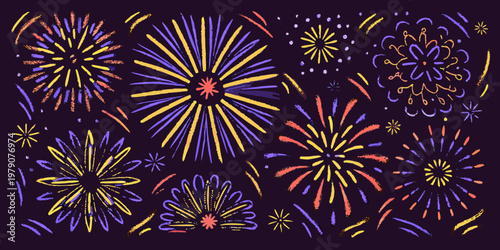 Colorful fireworks display with vibrant bursts and sparkling trails against dark backdrop