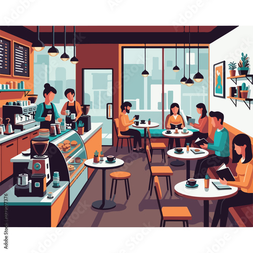Illustration of a coffee shop interior with customers and staff