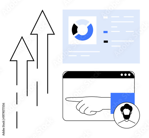 Data analytics concept. Data analytics with arrow graphs, user interface, and profile icon. Data analytics enhances decision making, drives growth, and improves accuracy. Perfect for business