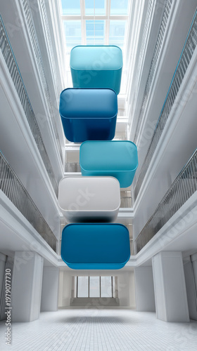 Stacked speech bubbles in modern hallway daylight