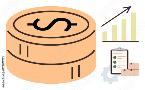 Business growth, financial investment, logistics development, economic planning, supply chain, business analytics. Stack of dollar coins, upward graph checklist and packages. Financial investment