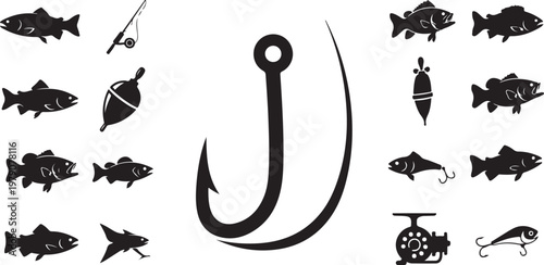 Fishing Hook and Fish Silhouettes on White Background Illustration