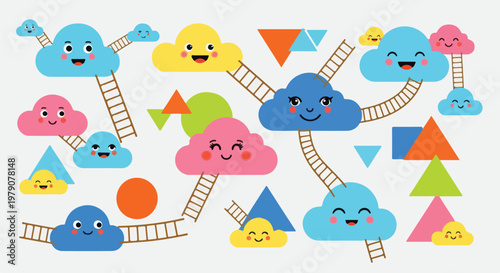 Colorful cartoon clouds with smiling faces.